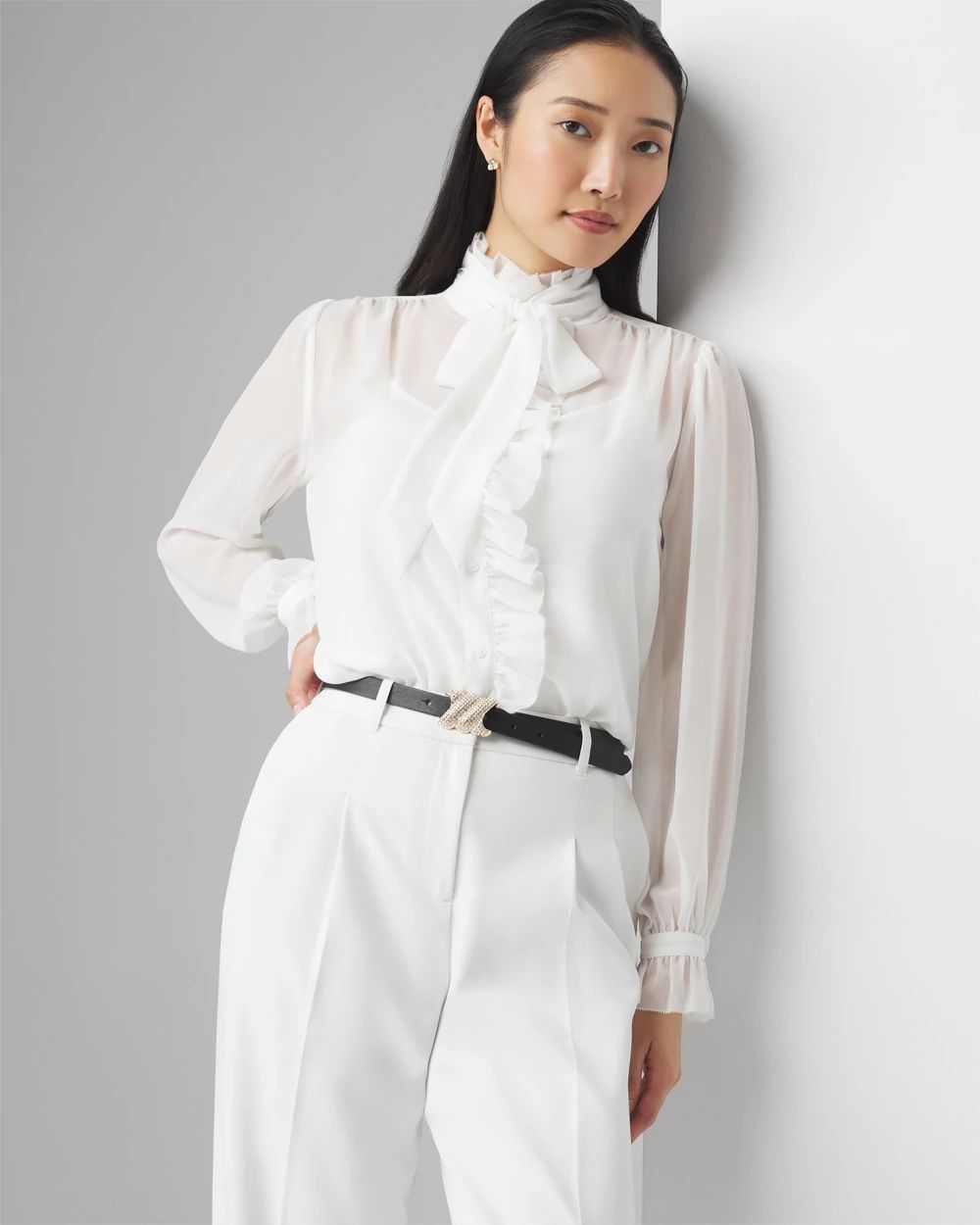 White ruffle blouse with black tie new arrivals